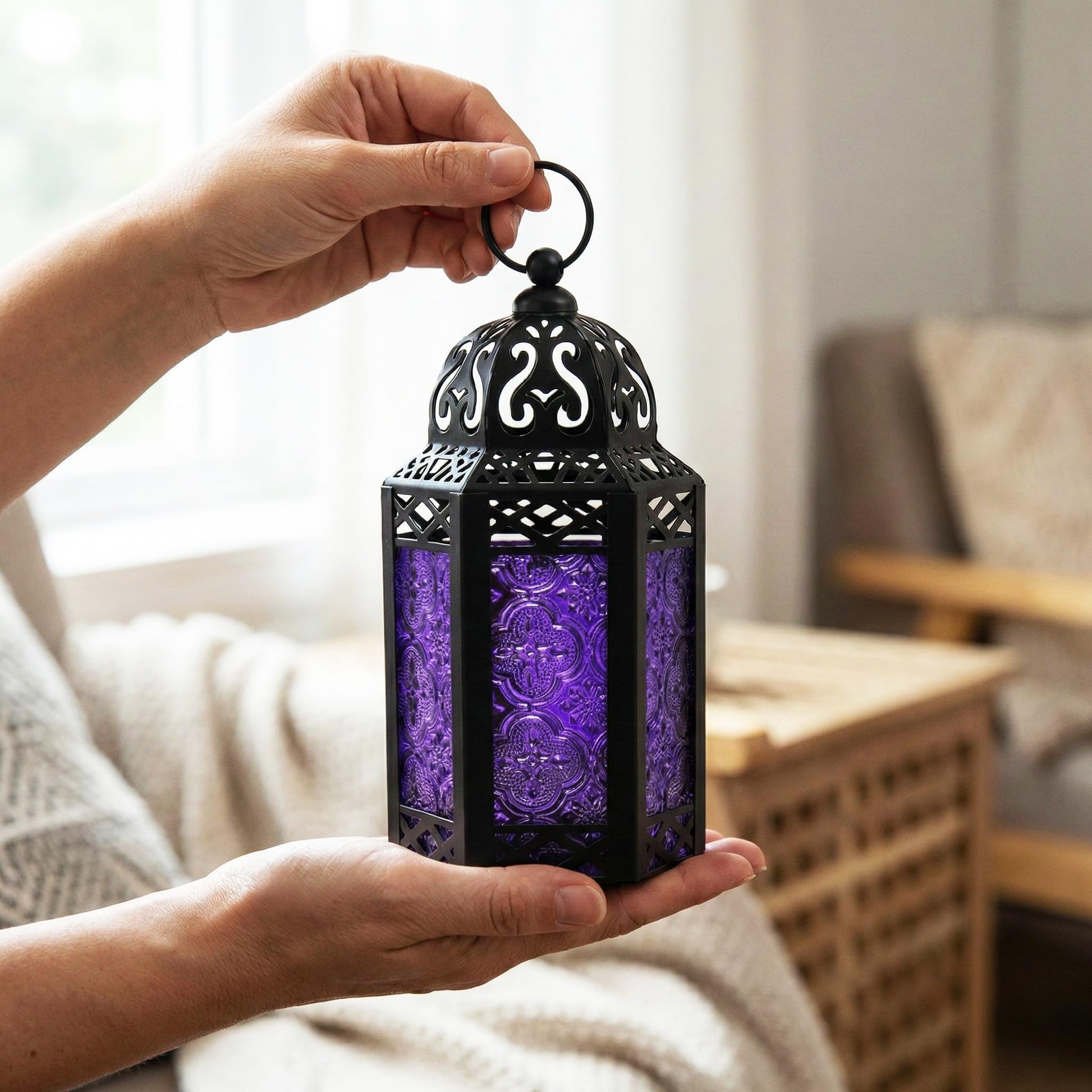Black Metal Decorative Moroccan Lantern Candle Holder Lamp - Indoor/Outdoor, Home Decor, Patio, Weddings, Christmas - Purple Small - PT06