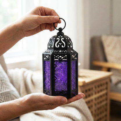 Black Metal Decorative Moroccan Lantern Candle Holder Lamp - Indoor/Outdoor, Home Decor, Patio, Weddings, Christmas - Purple Small - PT06