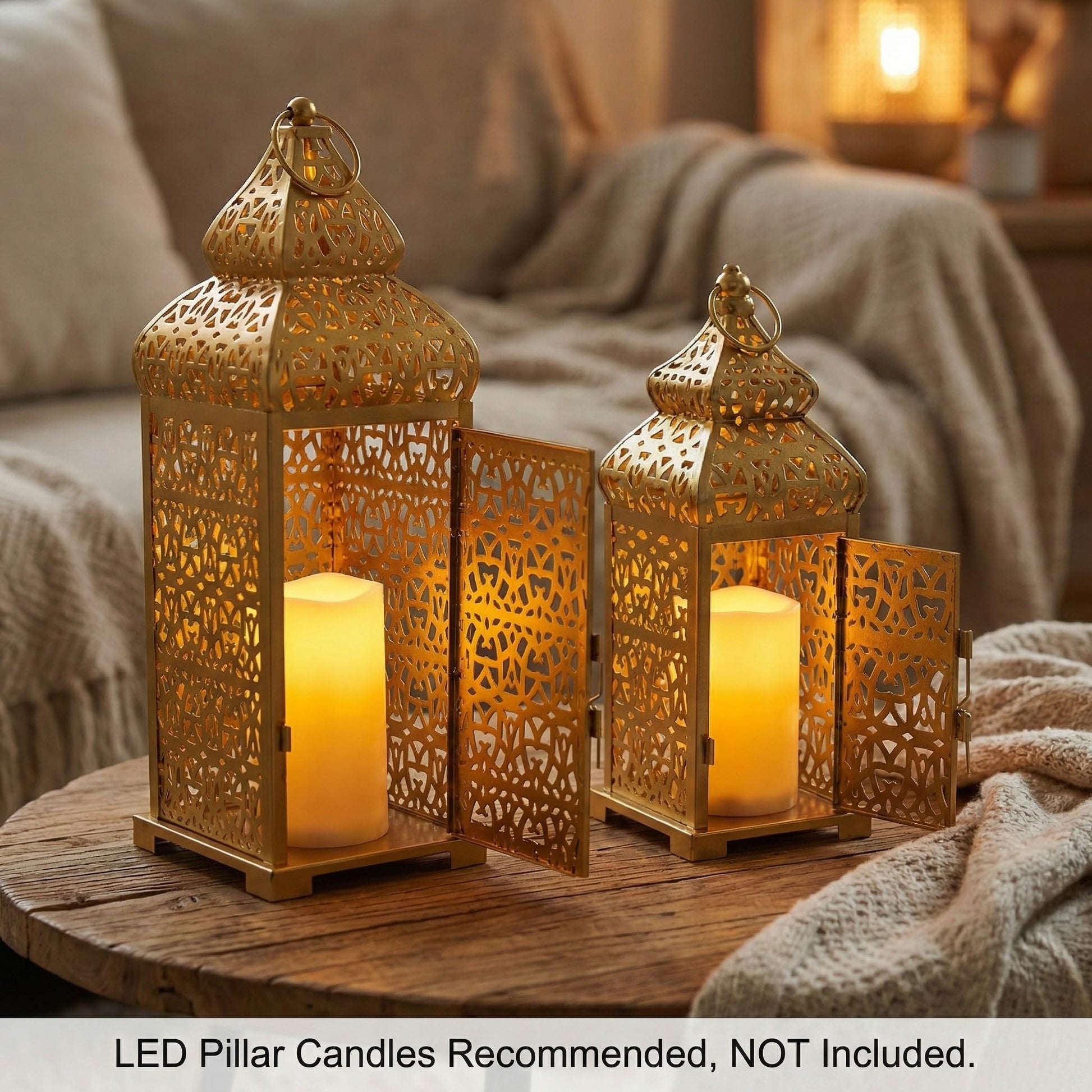 Golden Temple Moroccan Lantern Lamp Decorative Candle Holders for Ramadan Decorations, Hanging, Outdoor Patio or Porch, Indoor Home Decor, Gold, Set of 2 (11" a - Gold 11" and 15" - PT05