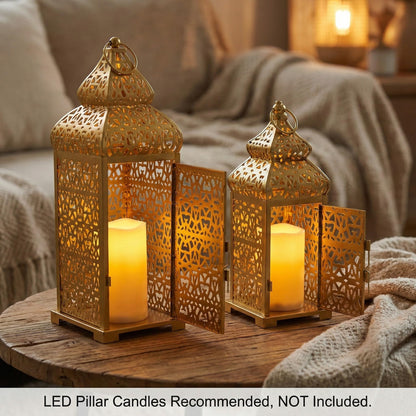 Golden Temple Moroccan Lantern Lamp Decorative Candle Holders for Ramadan Decorations, Hanging, Outdoor Patio or Porch, Indoor Home Decor, Gold, Set of 2 (11" a - Gold 11" and 15" - PT05
