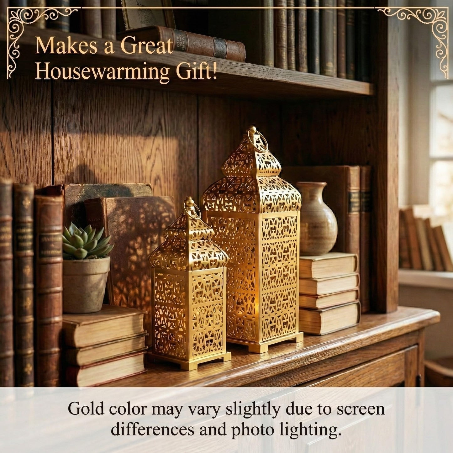 Golden Temple Moroccan Lantern Lamp Decorative Candle Holders for Ramadan Decorations, Hanging, Outdoor Patio or Porch, Indoor Home Decor, Gold, Set of 2 (11" a - Gold 11" and 15" - PT03