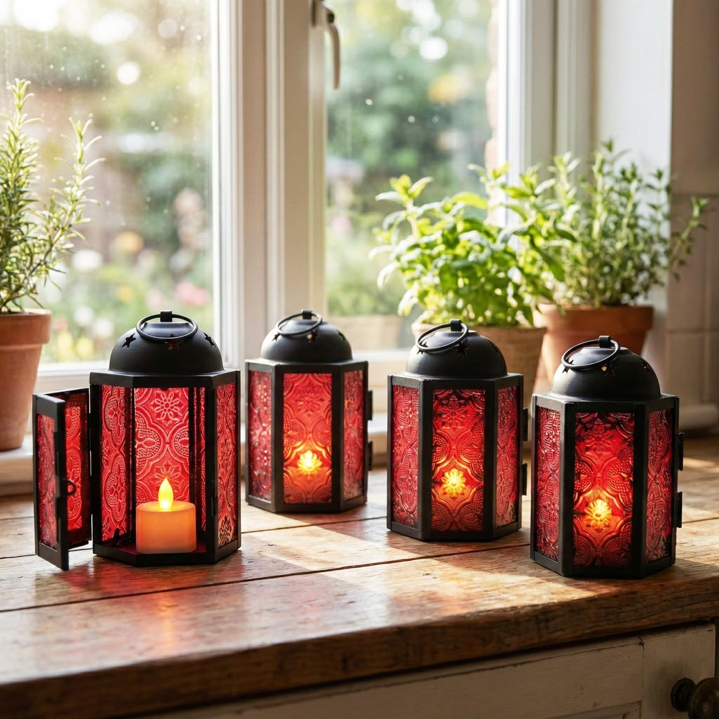 Mini Moroccan Tea Light Candle Holder Lanterns – 4.25" Small Decorative Lantern for Table or Hanging, Metal with Glass Panels – Ramadan, Wedding, Home Decor, Ru - Ruby Red 4 - PT03
