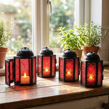 Mini Moroccan Tea Light Candle Holder Lanterns – 4.25" Small Decorative Lantern for Table or Hanging, Metal with Glass Panels – Ramadan, Wedding, Home Decor, Ru - Ruby Red 4 - PT03