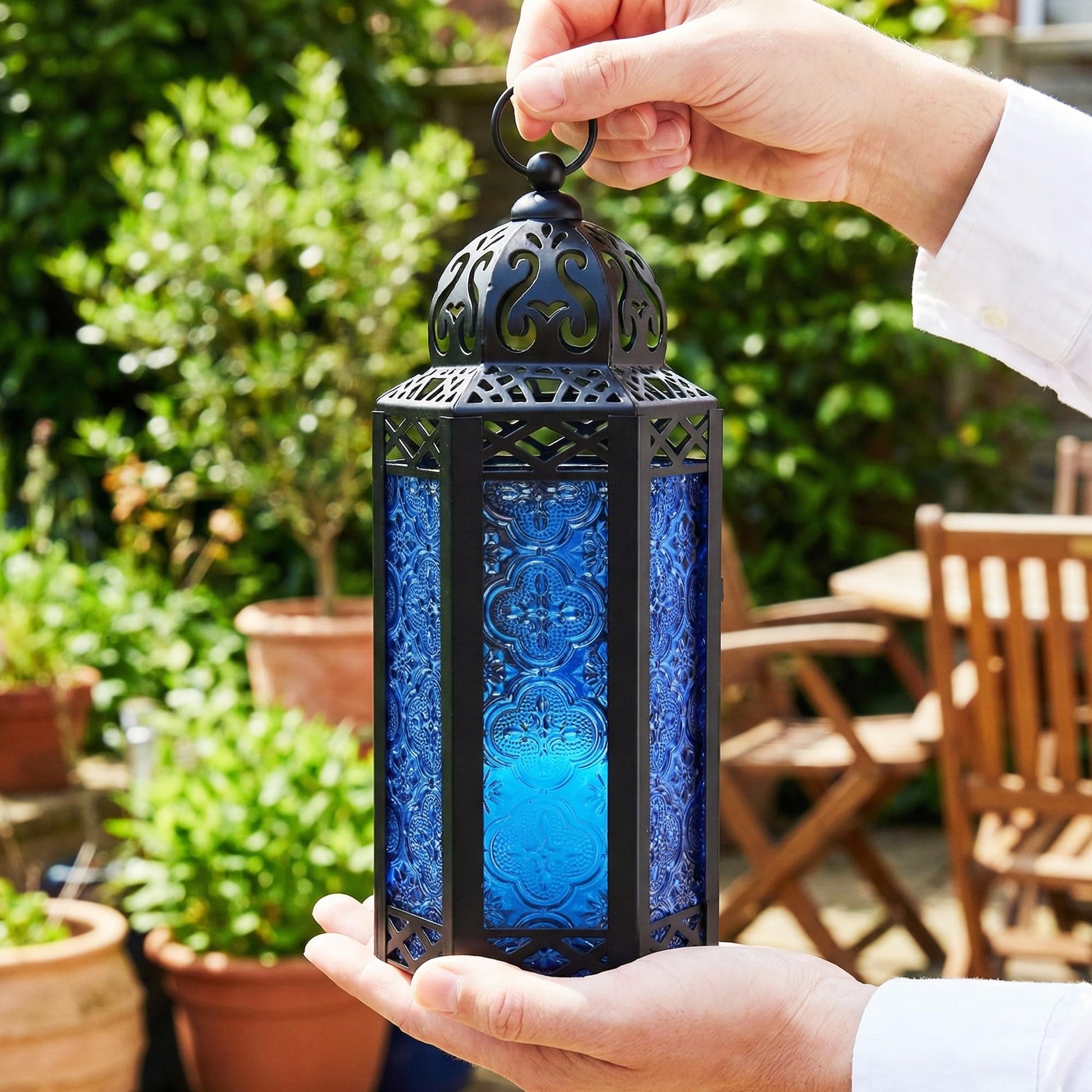 Black Metal Decorative Moroccan Lantern Candle Holder Lamp - Indoor/Outdoor, Home Decor, Patio, Weddings, Christmas - Cobalt Medium - PT03