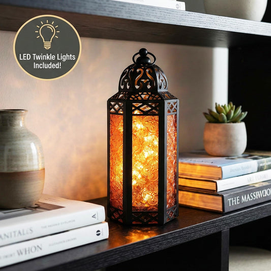 Metal Moroccan Decorative LED Fairy Lights Candle Lantern Holders for Indoor Home Fantasy Decor, Table Centerpieces, Outdoor Patio or Porch, Weddings, Medium - Amber Medium - PT01