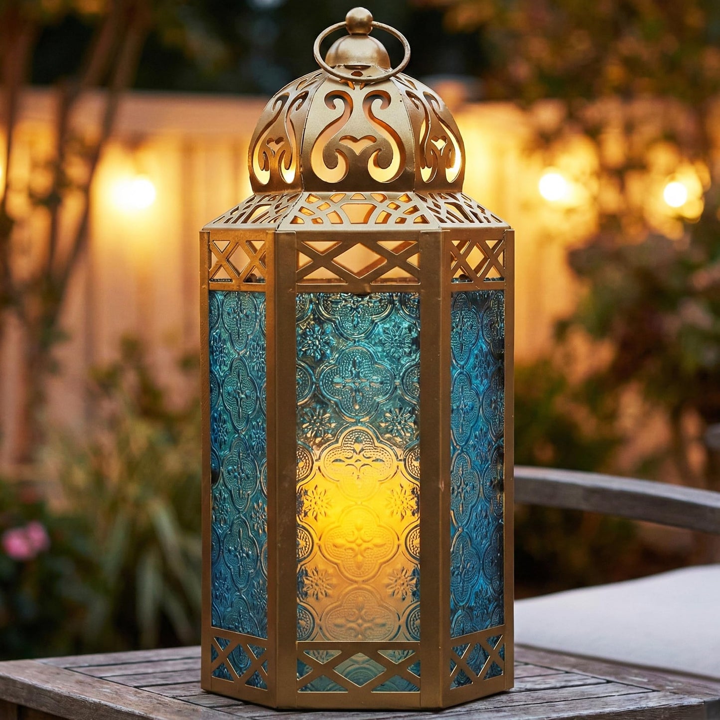 Gold Metal Decorative Moroccan Lantern Candle Holder Lamp - Indoor/Outdoor, Home Decor, Patio, Weddings, Christmas - Gold/Blue Large - PT07
