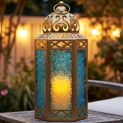 Gold Metal Decorative Moroccan Lantern Candle Holder Lamp - Indoor/Outdoor, Home Decor, Patio, Weddings, Christmas - Gold/Blue Large - PT07
