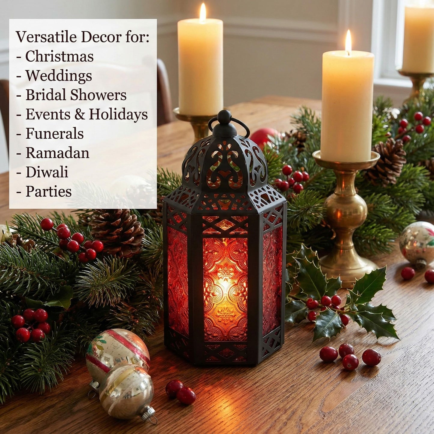 Black Metal Decorative Moroccan Lantern Candle Holder Lamp - Indoor/Outdoor, Home Decor, Patio, Weddings, Christmas - Red Small - PT05