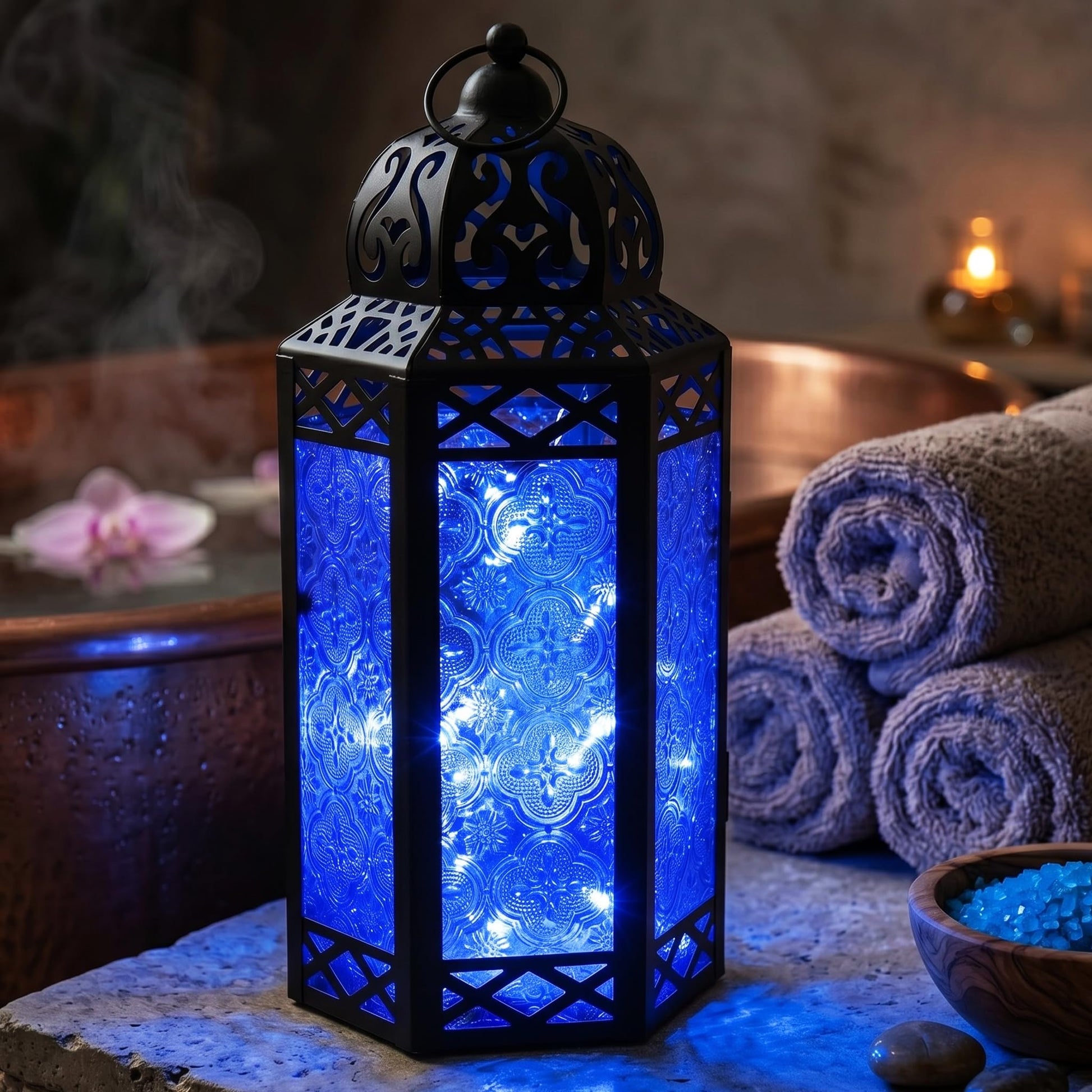 Metal Moroccan Decorative LED Fairy Lights Candle Lantern Holders for Indoor Home Fantasy Decor, Table Centerpieces, Outdoor Patio or Porch, Weddings, Medium - Cobalt Large - PT07