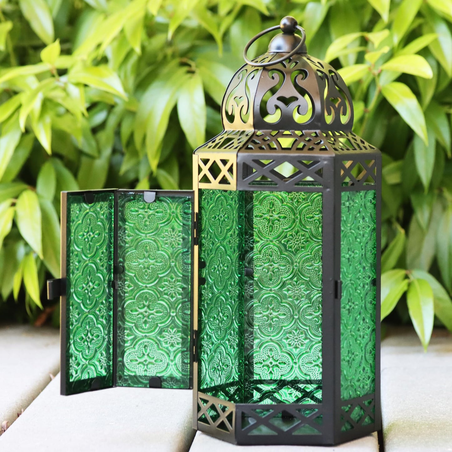 Set of 3 Green Glass & Black Metal Moroccan Candle Lantern Holders (XL, Large, Small) - Decorative Indoor/Outdoor Decor for Patio, Floor, Weddings & Ramadan - Green XL-LAR-SM - PT03