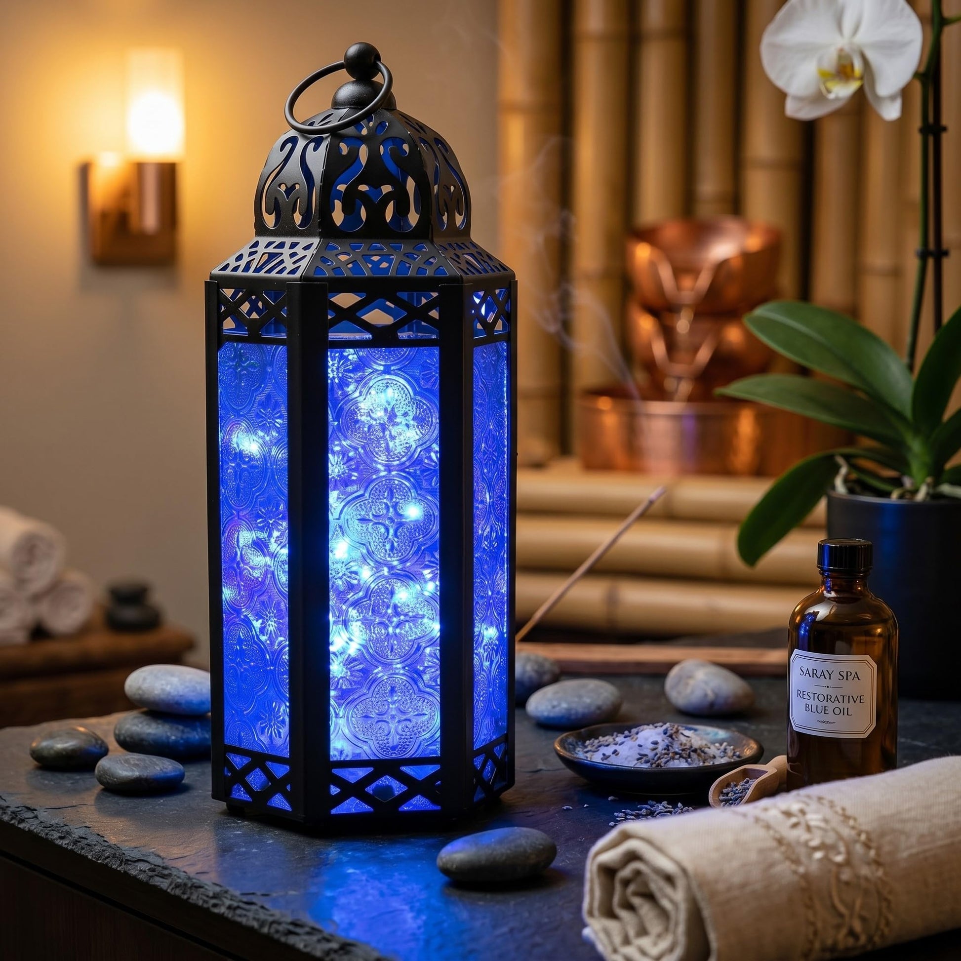 Metal Moroccan Decorative LED Fairy Lights Candle Lantern Holders for Indoor Home Fantasy Decor, Table Centerpieces, Outdoor Patio or Porch, Weddings, Medium - Cobalt Medium - PT06
