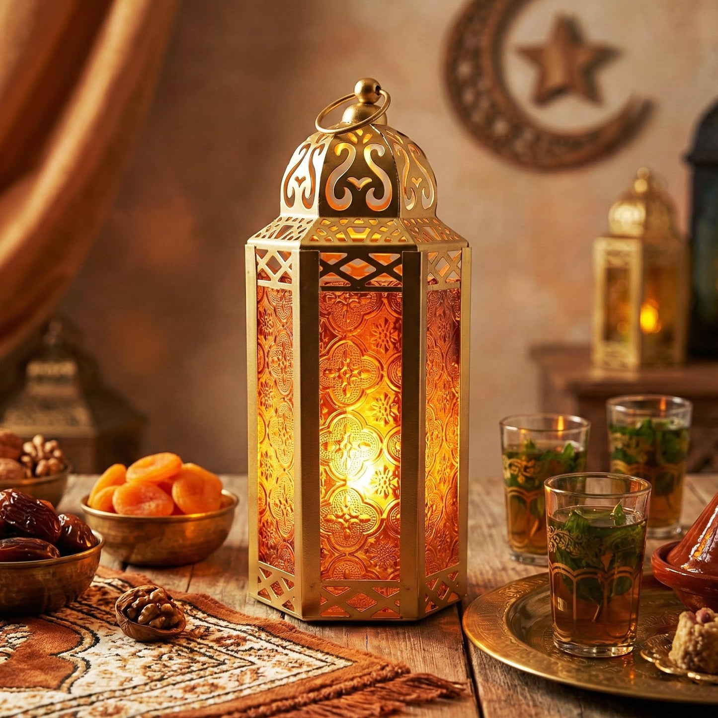 Gold Metal Decorative Moroccan Lantern Candle Holder Lamp - Indoor/Outdoor, Home Decor, Patio, Weddings, Christmas - Gold/Amber Medium - PT01