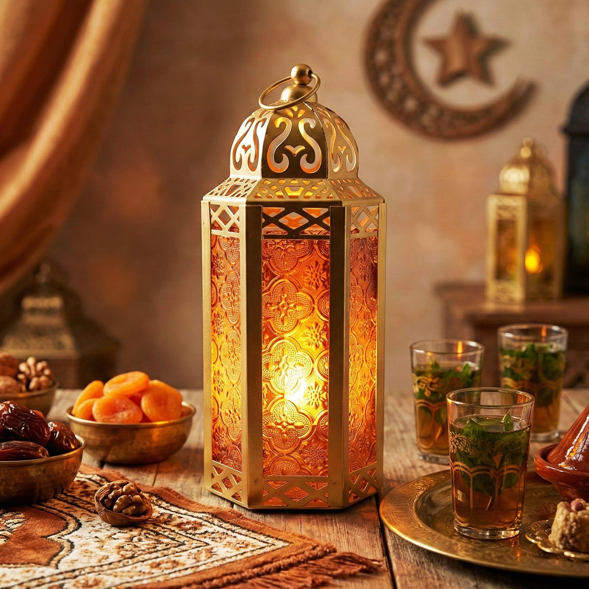 Gold Metal Decorative Moroccan Lantern Candle Holder Lamp - Indoor/Outdoor, Home Decor, Patio, Weddings, Christmas - Gold/Amber Medium - PT01