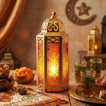 Gold Metal Decorative Moroccan Lantern Candle Holder Lamp - Indoor/Outdoor, Home Decor, Patio, Weddings, Christmas - Gold/Amber Medium - PT01