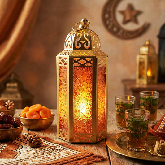 Gold Metal Decorative Moroccan Lantern Candle Holder Lamp - Indoor/Outdoor, Home Decor, Patio, Weddings, Christmas - Gold/Amber Medium - PT01