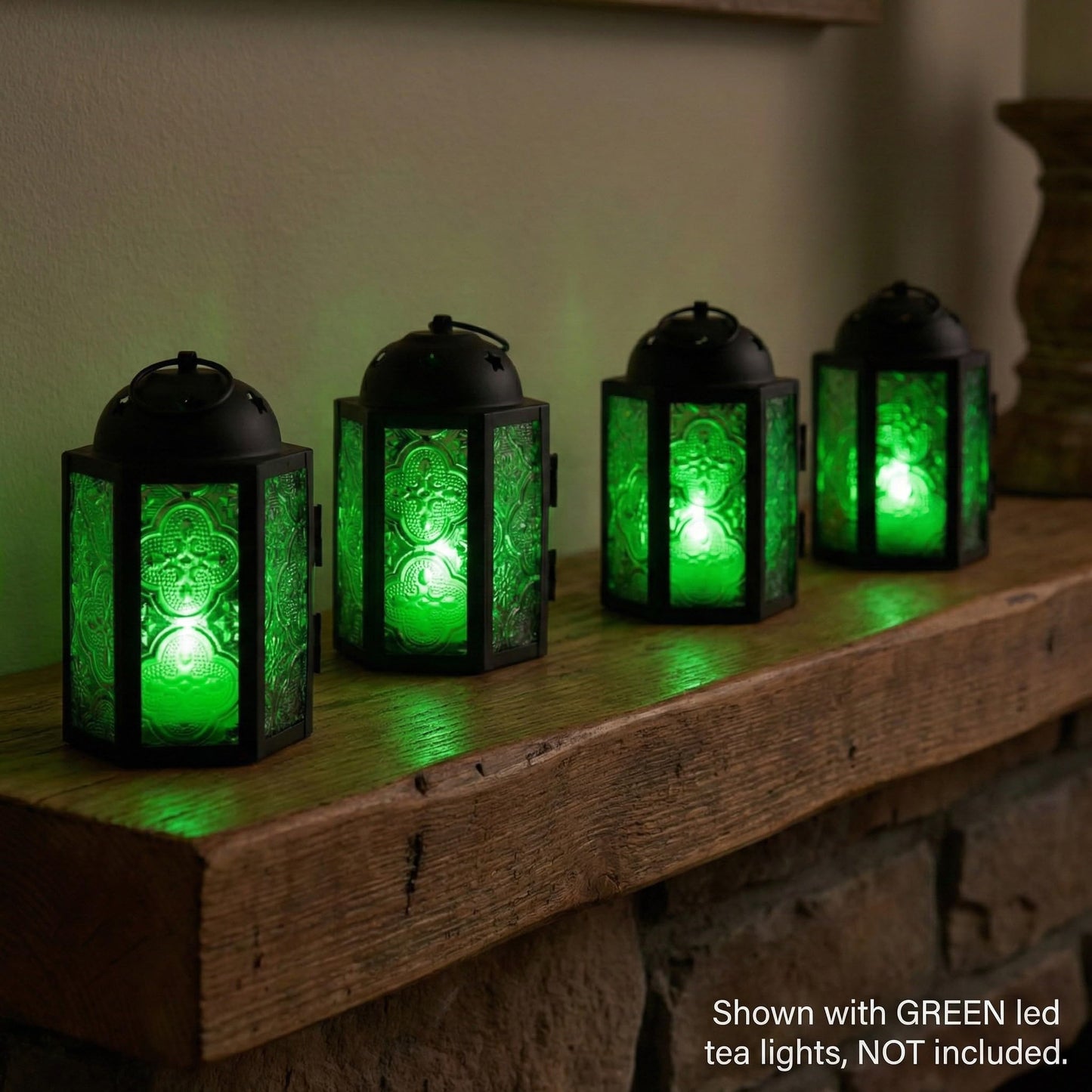 Mini Moroccan Tea Light Candle Holder Lanterns – 4.25" Small Decorative Lantern for Table or Hanging, Metal with Glass Panels – Ramadan, Wedding, Home Decor, Em - Emerald Green 4 - PT03