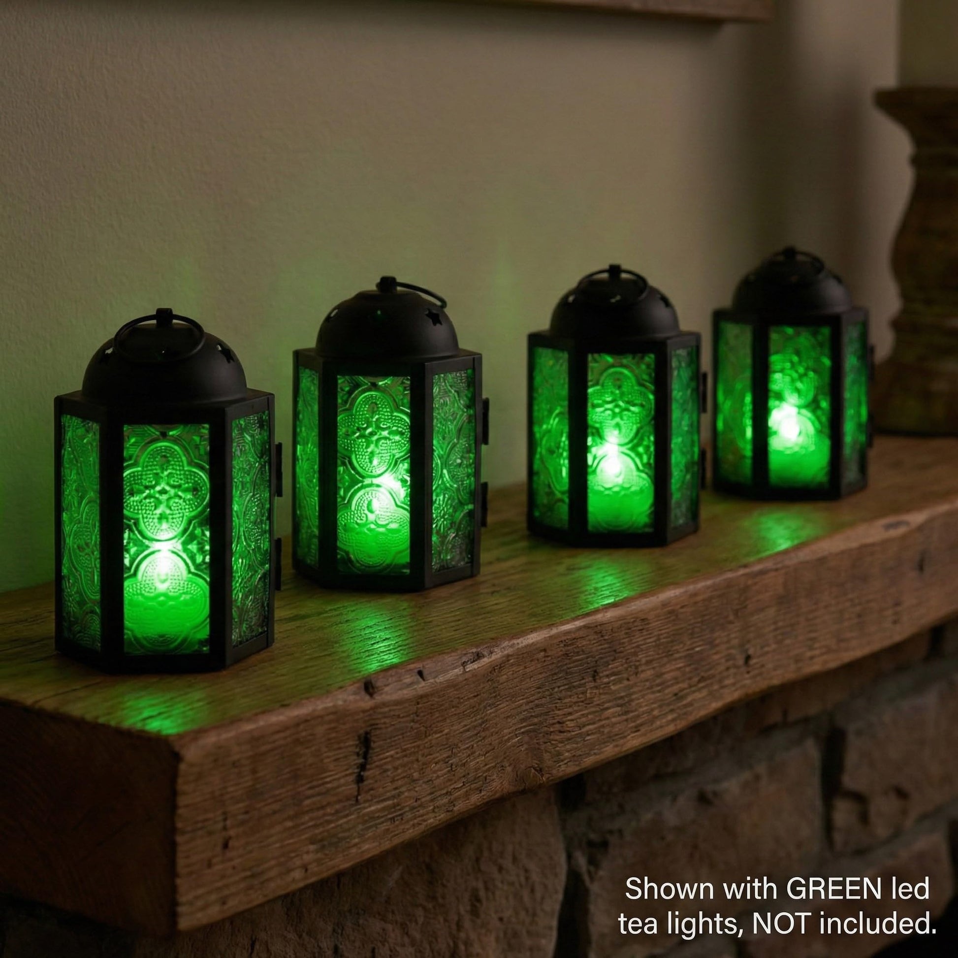 Mini Moroccan Tea Light Candle Holder Lanterns – 4.25" Small Decorative Lantern for Table or Hanging, Metal with Glass Panels – Ramadan, Wedding, Home Decor, Em - Emerald Green 4 - PT03