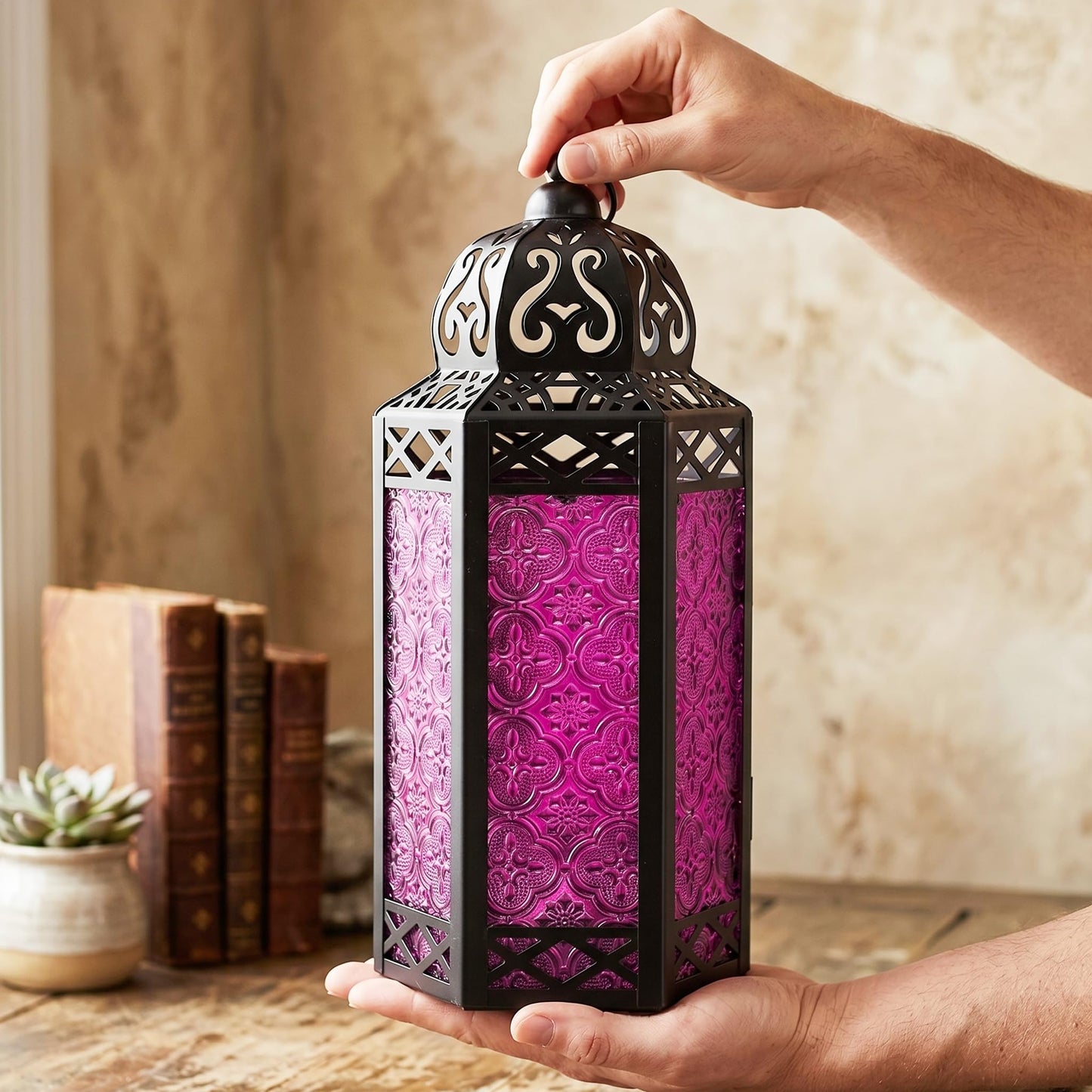Black Metal Decorative Moroccan Lantern Candle Holder Lamp - Indoor/Outdoor, Home Decor, Patio, Weddings, Christmas - Pink Large - PT02