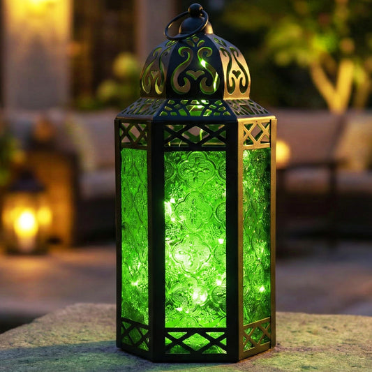 Metal Moroccan Decorative LED Fairy Lights Candle Lantern Holders for Indoor Home Fantasy Decor, Table Centerpieces, Outdoor Patio or Porch, Weddings, Medium - Green Large - MAIN