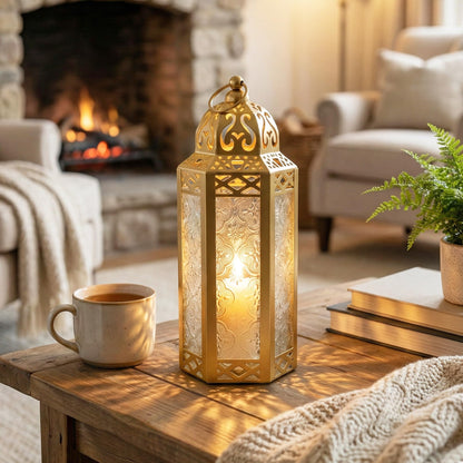 Gold Metal Decorative Moroccan Lantern Candle Holder Lamp - Indoor/Outdoor, Home Decor, Patio, Weddings, Christmas - Gold Medium - PT01