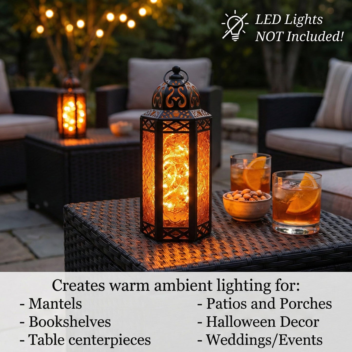 Black Metal Decorative Moroccan Lantern Candle Holder Lamp - Indoor/Outdoor, Home Decor, Patio, Weddings, Christmas - Amber Medium - PT04