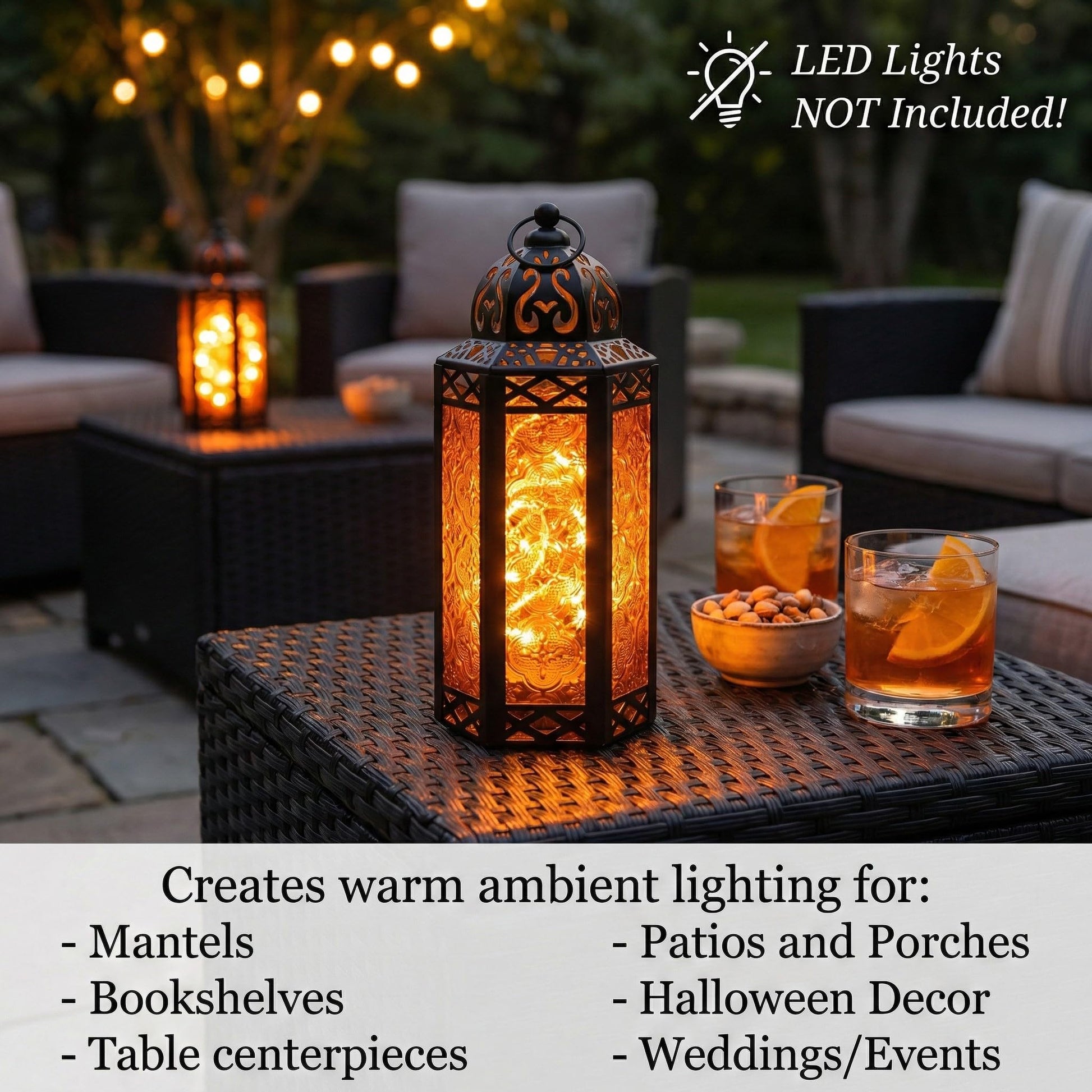 Black Metal Decorative Moroccan Lantern Candle Holder Lamp - Indoor/Outdoor, Home Decor, Patio, Weddings, Christmas - Amber Medium - PT04