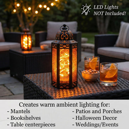 Black Metal Decorative Moroccan Lantern Candle Holder Lamp - Indoor/Outdoor, Home Decor, Patio, Weddings, Christmas - Amber Medium - PT04