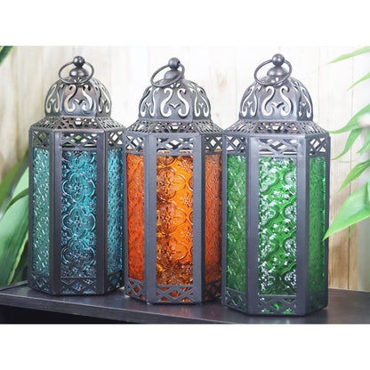 10.5" Moroccan Lamp Lantern Decorative Candle Holder for Indoor Outdoor Home Decor, Patio, Weddings, Ramadan Decorations, Blue/Amber/Green, Medium, Set of 3 - Blue/Amber/Green Medium - PT07