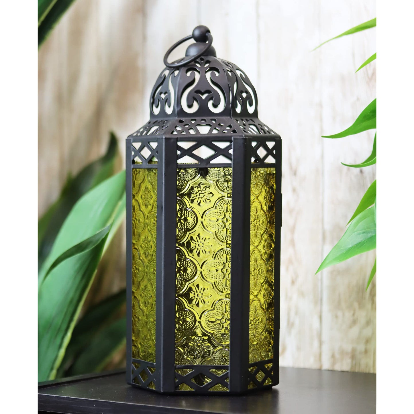 Black Metal Decorative Moroccan Lantern Candle Holder Lamp - Indoor/Outdoor, Home Decor, Patio, Weddings, Christmas - Yellow Medium - PT01