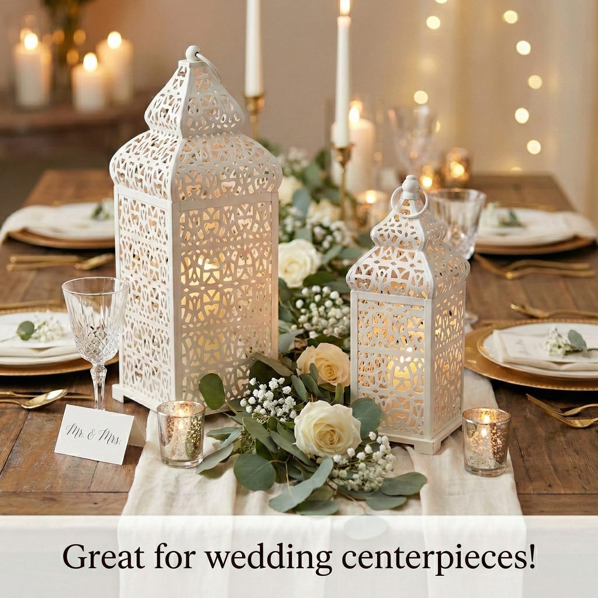 Large Temple Moroccan Lantern Lamp Decorative Candle Holders for Ramadan Decorations, Hanging, Outdoor Patio or Porch, Indoor Home Decor, Weddings, White, Set o - White 11" and 15" - PT06