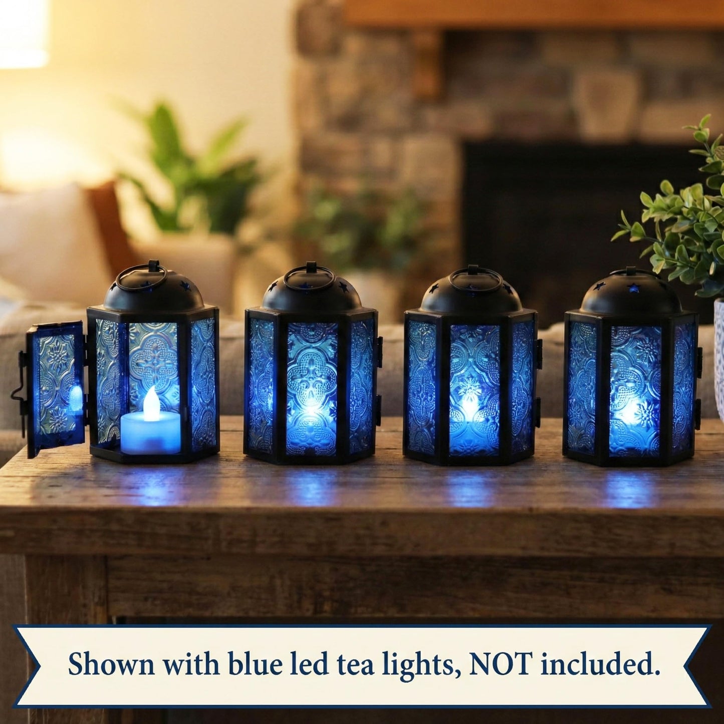 Mini Moroccan Tea Light Candle Holder Lanterns – 4.25" Small Decorative Lantern for Table or Hanging, Metal with Glass Panels – Ramadan, Wedding, Home Decor, Aq - Aqua Blue 4 - PT08