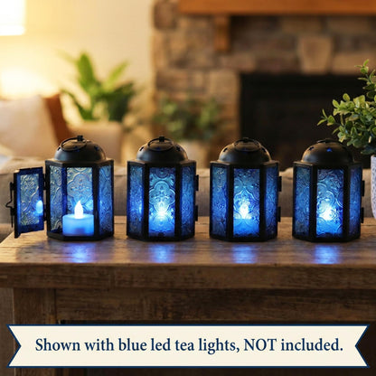 Mini Moroccan Tea Light Candle Holder Lanterns – 4.25" Small Decorative Lantern for Table or Hanging, Metal with Glass Panels – Ramadan, Wedding, Home Decor, Aq - Aqua Blue 4 - PT08