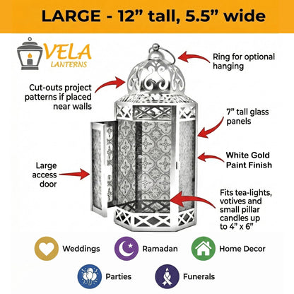 Black Metal Decorative Moroccan Lantern Candle Holder Lamp - Indoor/Outdoor, Home Decor, Patio, Weddings, Christmas - White Gold Large - PT05