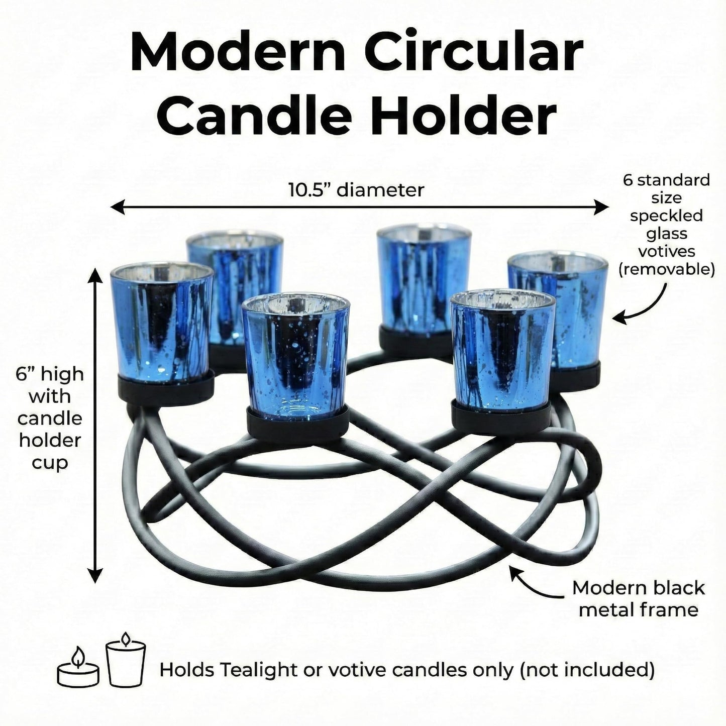 Iron Round Table Decor Centerpiece Decorations Candle Holder for Weddings, Outdoor Patio, Kitchen, Dining Room, and Coffee Tables, Glass Votive Tealight Holders - Black/Blue circular - PT03