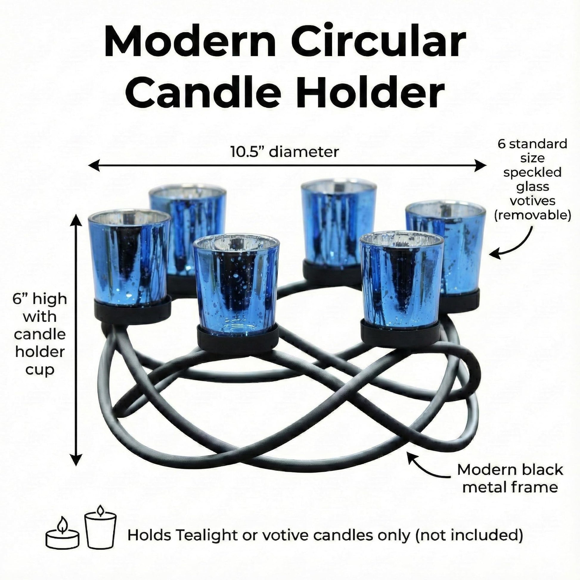 Iron Round Table Decor Centerpiece Decorations Candle Holder for Weddings, Outdoor Patio, Kitchen, Dining Room, and Coffee Tables, Glass Votive Tealight Holders - Black/Blue circular - PT03
