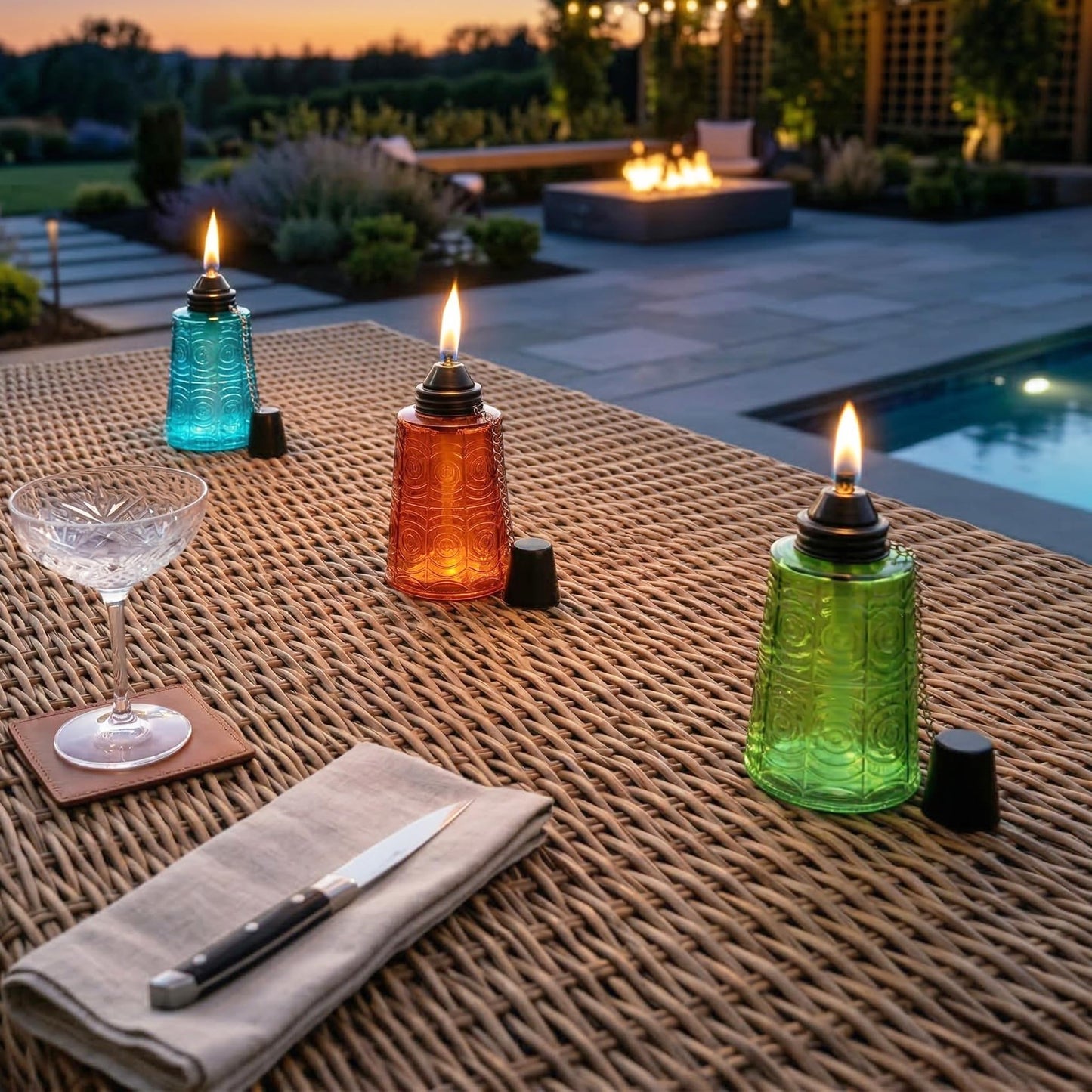 Citronella Table Top Torches for Outdoor Patio, 16oz Decorative Glass Torch Citronella Candles for Outside Deck, Garden, Parties, Set of 3, Blue/Amber/Green - Blue/Amber/Green - PT07