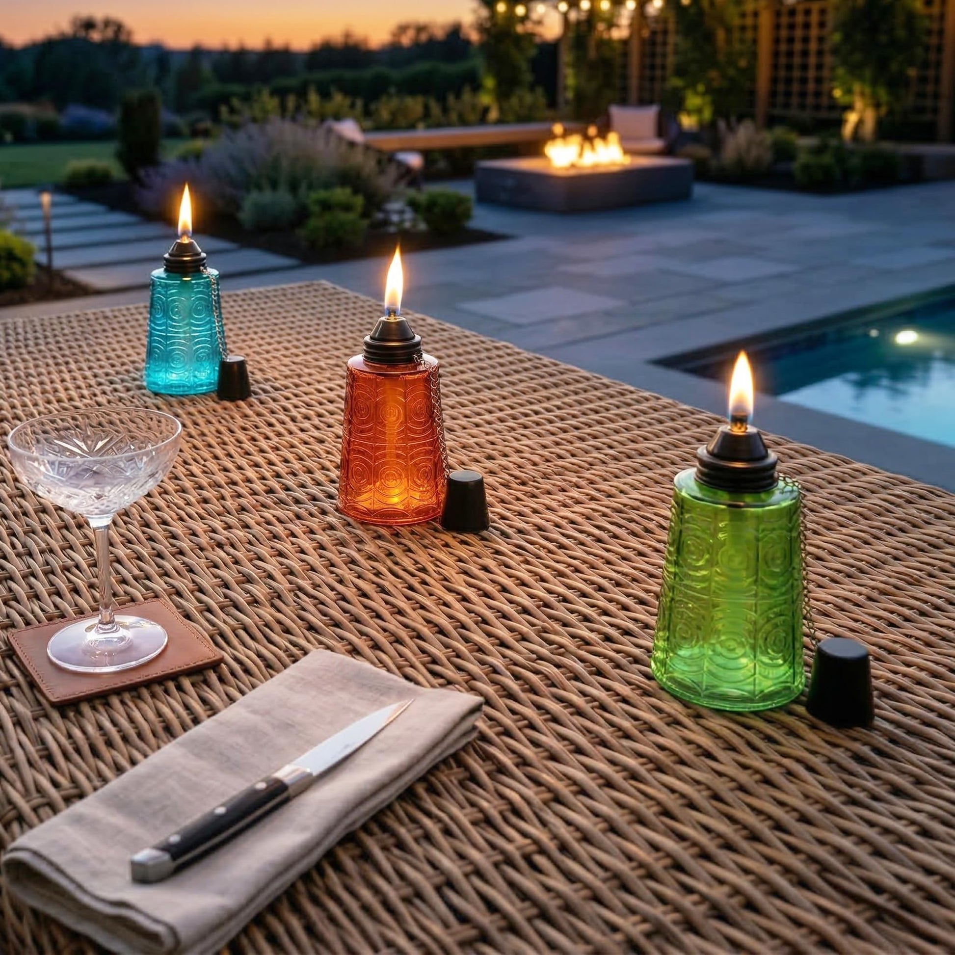 Citronella Table Top Torches for Outdoor Patio, 16oz Decorative Glass Torch Citronella Candles for Outside Deck, Garden, Parties, Set of 3, Blue/Amber/Green - Blue/Amber/Green - PT07