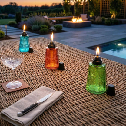 Citronella Table Top Torches for Outdoor Patio, 16oz Decorative Glass Torch Citronella Candles for Outside Deck, Garden, Parties, Set of 3, Blue/Amber/Green - Blue/Amber/Green - PT07