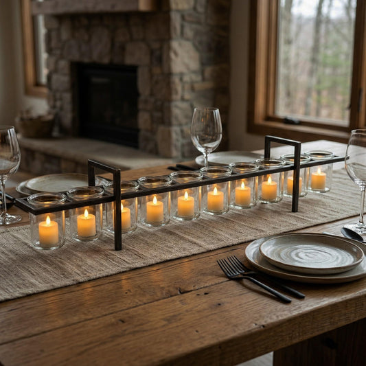 10-Cup Rustic Modern Floating Candle Holder Table Centerpiece Decoration for Dining Room, Kitchen, Patio, Weddings, Metal Iron with Glass Cups, 33" Extra Long - Black With Gold Brush 10-Cup - MAIN
