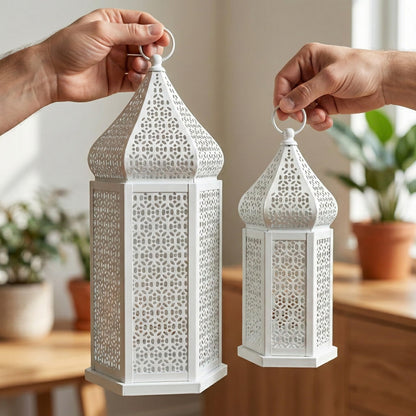 Tower Temple Moroccan Lantern Lamp Decorative Candle Holders - White Set of 2 - PT05