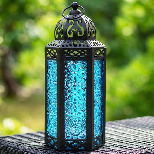 Black Metal Decorative Moroccan Lantern Candle Holder Lamp - Indoor/Outdoor, Home Decor, Patio, Weddings, Christmas - Blue Medium - PT06