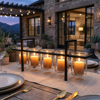 5-Cup Rustic Modern Floating Candle Holder Table Centerpiece Decoration for Dining Room, Kitchen, Patio, Weddings, Metal Iron with Glass Cups, 16" Long - Black 5-cup - PT04
