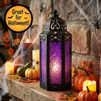 Black Metal Decorative Moroccan Lantern Candle Holder Lamp - Indoor/Outdoor, Home Decor, Patio, Weddings, Christmas - Purple Medium - PT06