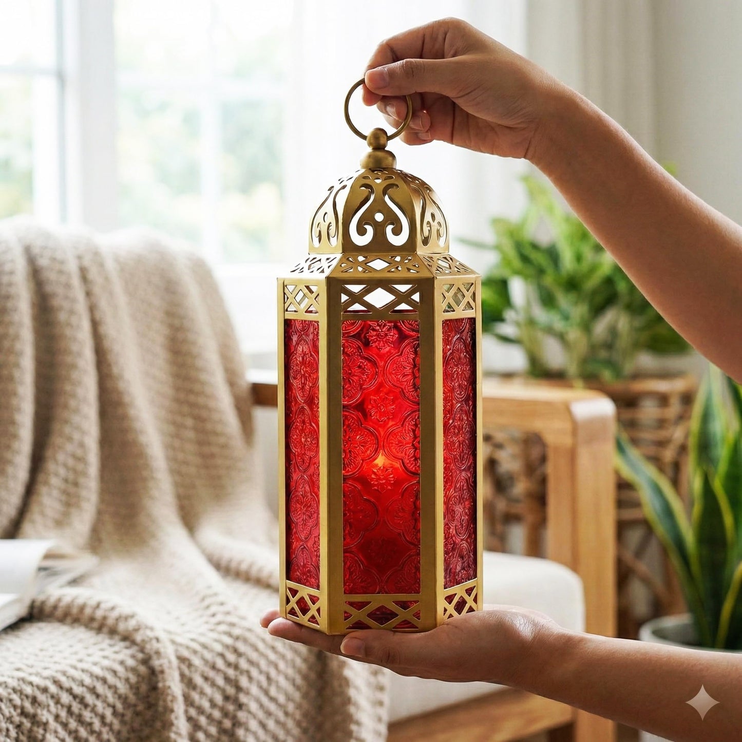 Gold Metal Decorative Moroccan Lantern Candle Holder Lamp - Indoor/Outdoor, Home Decor, Patio, Weddings, Christmas - Gold/Red Medium - PT03