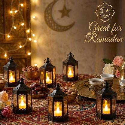 6pc Mini Small 4.5 Inch Metal Moroccan Lanterns Decorative Candle Tealight Holders for Centerpieces, Ramadan, Home Decor, Weddings, Black - Black Set of 6 - PT05