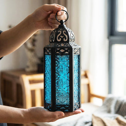 Black Metal Decorative Moroccan Lantern Candle Holder Lamp - Indoor/Outdoor, Home Decor, Patio, Weddings, Christmas - Blue Medium - PT03