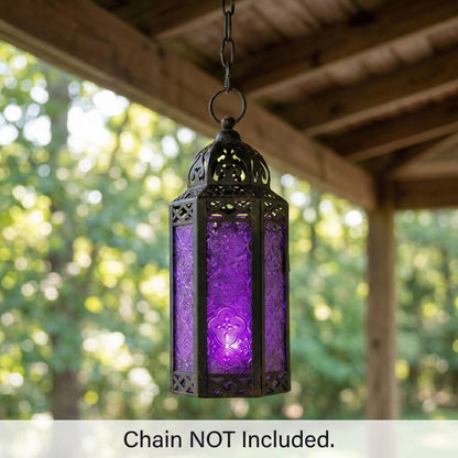 Black Metal Decorative Moroccan Lantern Candle Holder Lamp - Indoor/Outdoor, Home Decor, Patio, Weddings, Christmas - Purple Medium - PT08