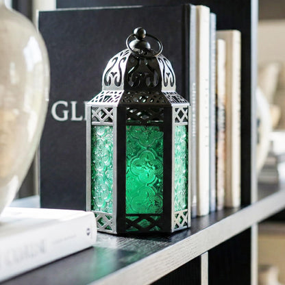Black Metal Decorative Moroccan Lantern Candle Holder Lamp - Indoor/Outdoor, Home Decor, Patio, Weddings, Christmas - Green Small - PT07