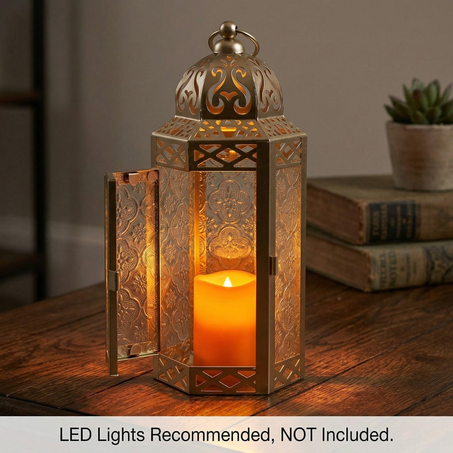 Black Metal Decorative Moroccan Lantern Candle Holder Lamp - Indoor/Outdoor, Home Decor, Patio, Weddings, Christmas - White Gold Medium - PT06