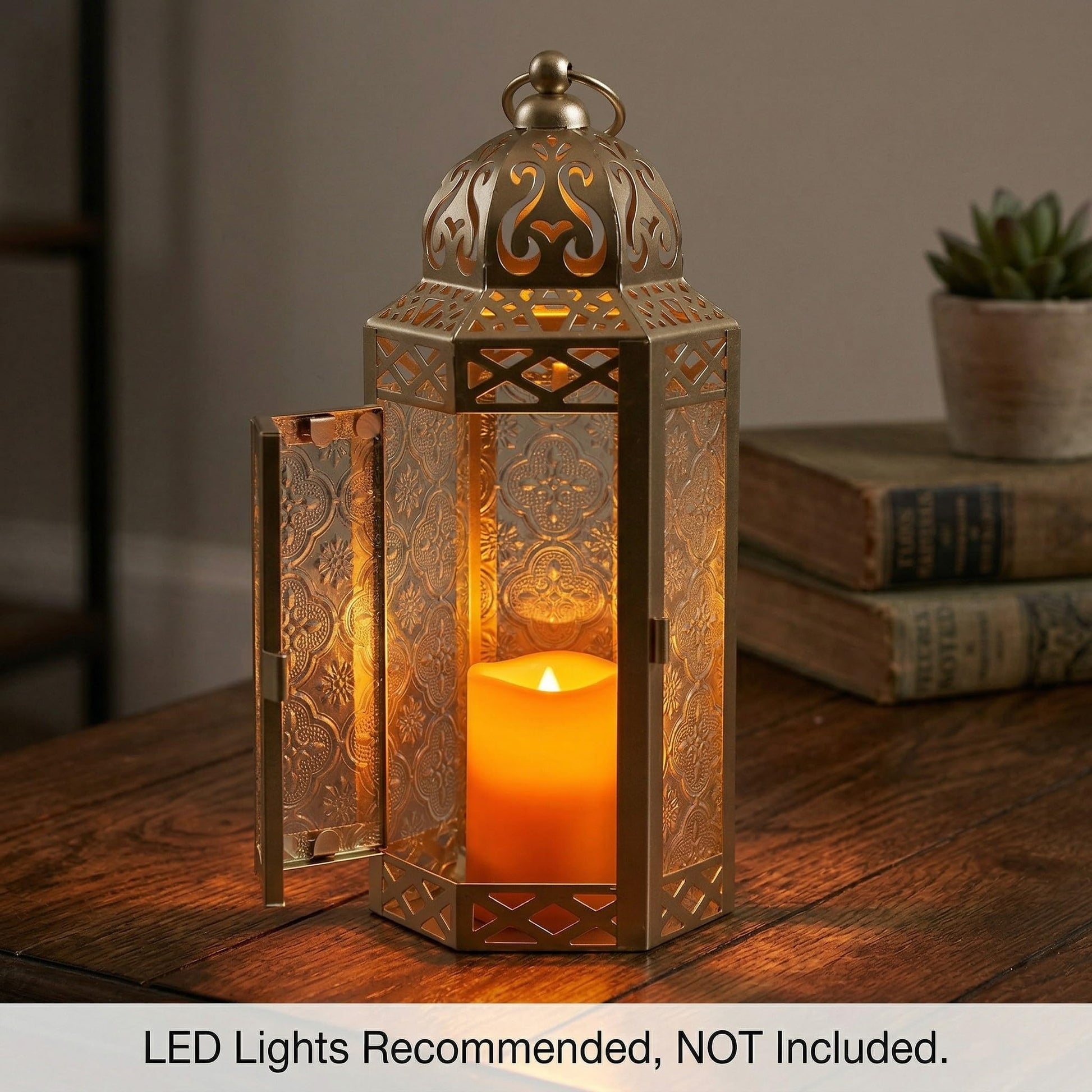 Black Metal Decorative Moroccan Lantern Candle Holder Lamp - Indoor/Outdoor, Home Decor, Patio, Weddings, Christmas - White Gold Medium - PT06
